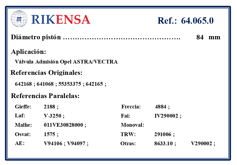 EQUIVALENCIAS ORIGINALES Y PARALELAS VALVULAS