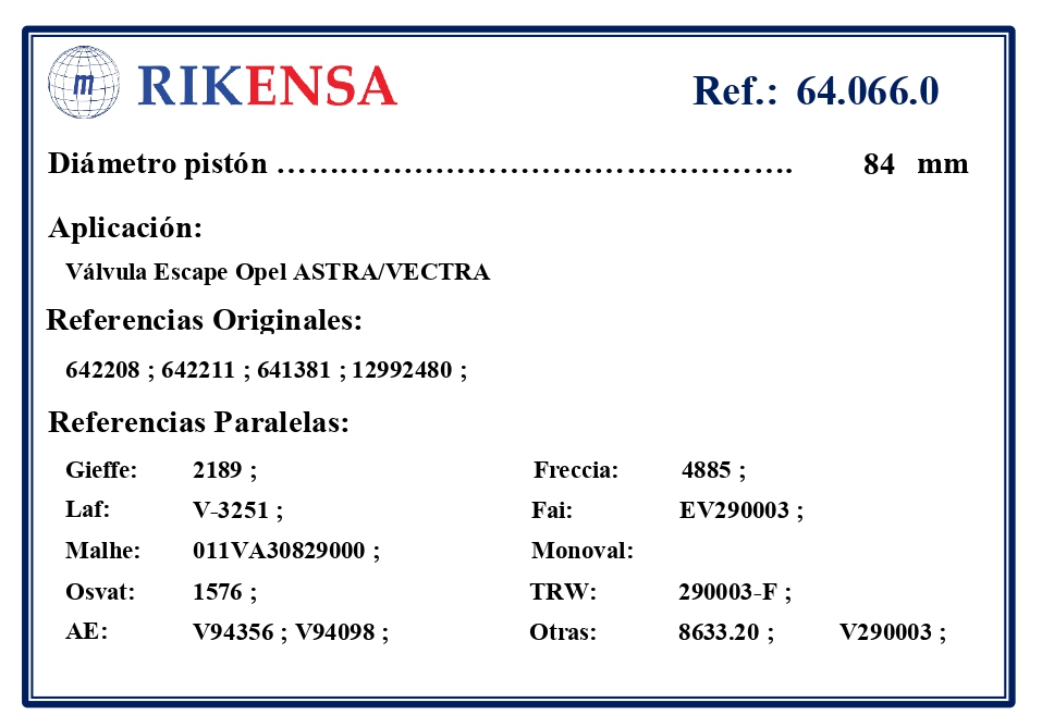 EQUIVALENCIAS ORIGINALES Y PARALELAS VALVULAS