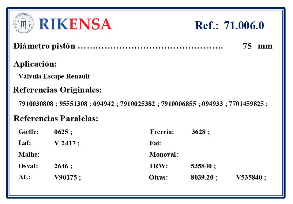 EQUIVALENCIAS ORIGINALES Y PARALELAS VALVULAS
