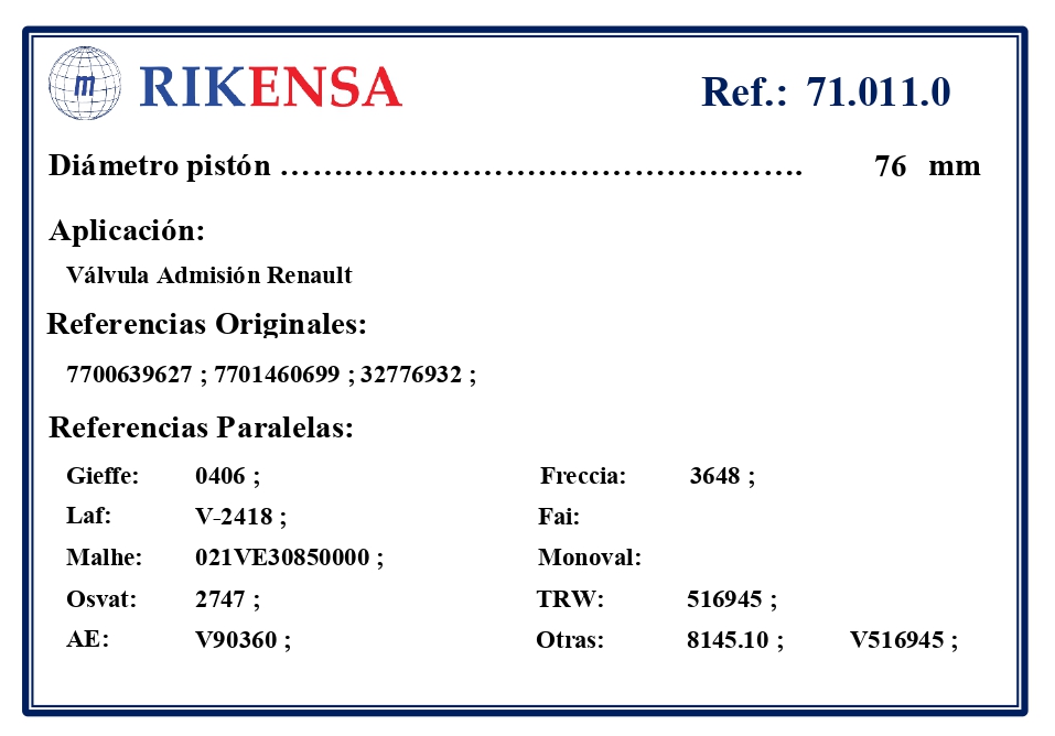 EQUIVALENCIAS ORIGINALES Y PARALELAS VALVULAS