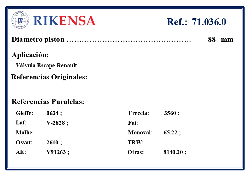 EQUIVALENCIAS ORIGINALES Y PARALELAS VALVULAS