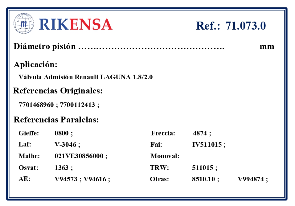 EQUIVALENCIAS ORIGINALES Y PARALELAS VALVULAS