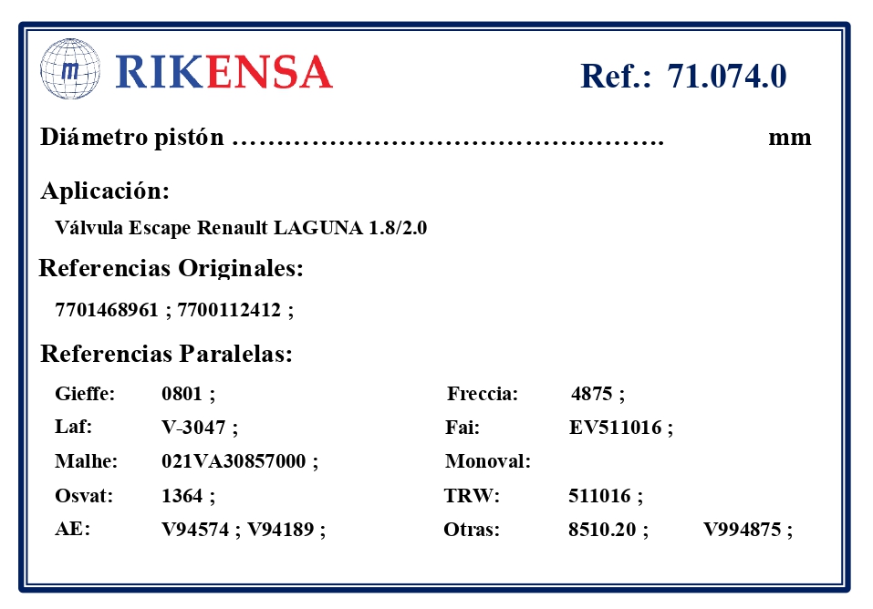 EQUIVALENCIAS ORIGINALES Y PARALELAS VALVULAS