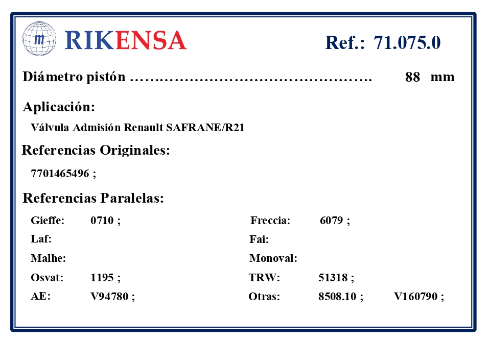 EQUIVALENCIAS ORIGINALES Y PARALELAS VALVULAS