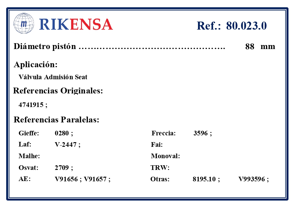 EQUIVALENCIAS ORIGINALES Y PARALELAS VALVULAS