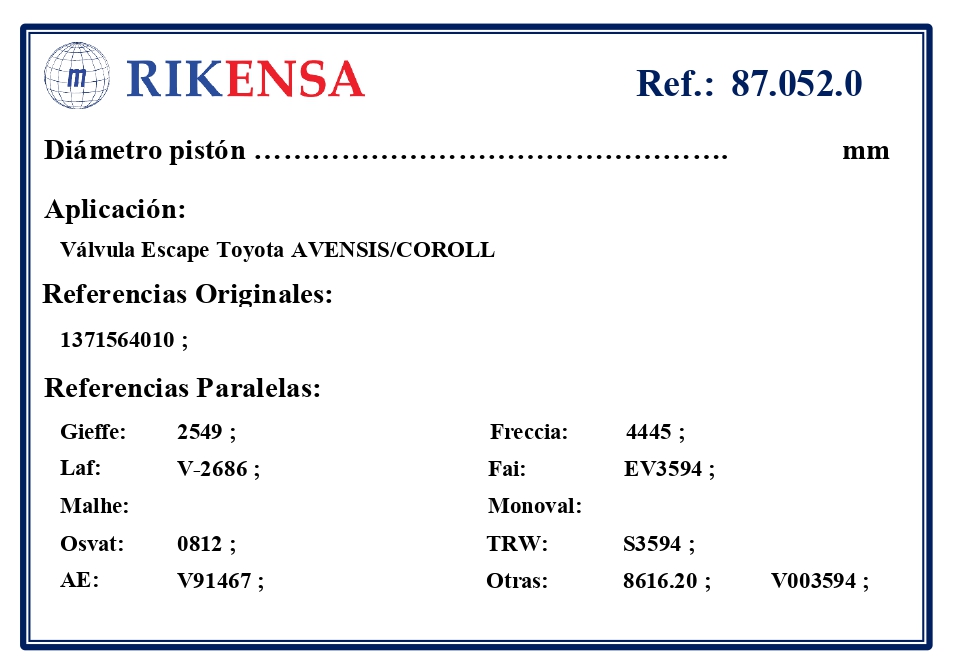 EQUIVALENCIAS ORIGINALES Y PARALELAS VALVULAS
