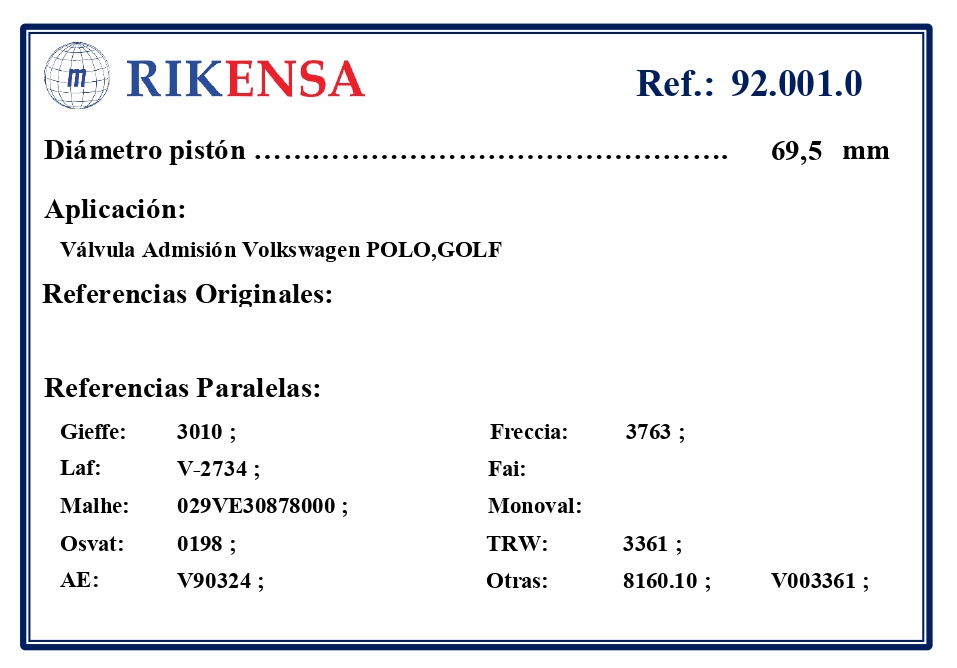 EQUIVALENCIAS ORIGINALES Y PARALELAS VALVULAS