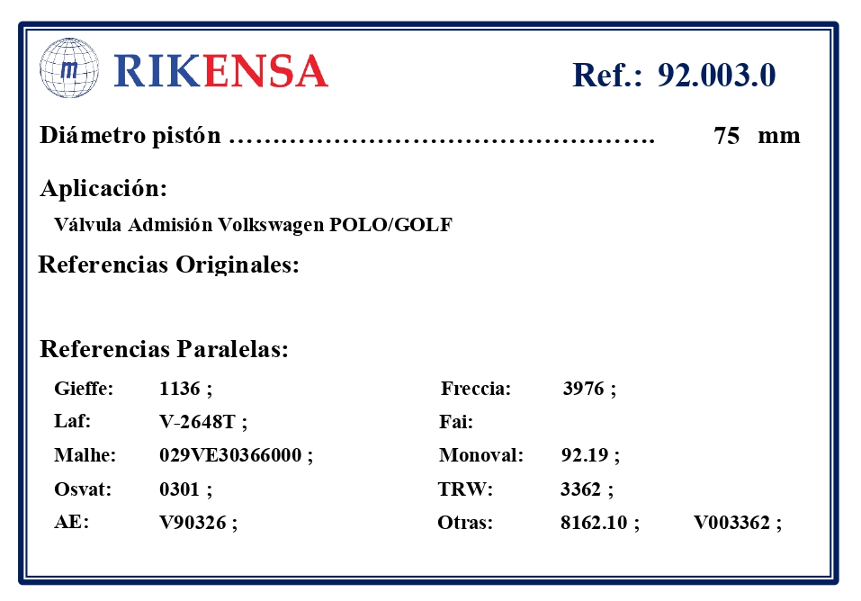 EQUIVALENCIAS ORIGINALES Y PARALELAS VALVULAS