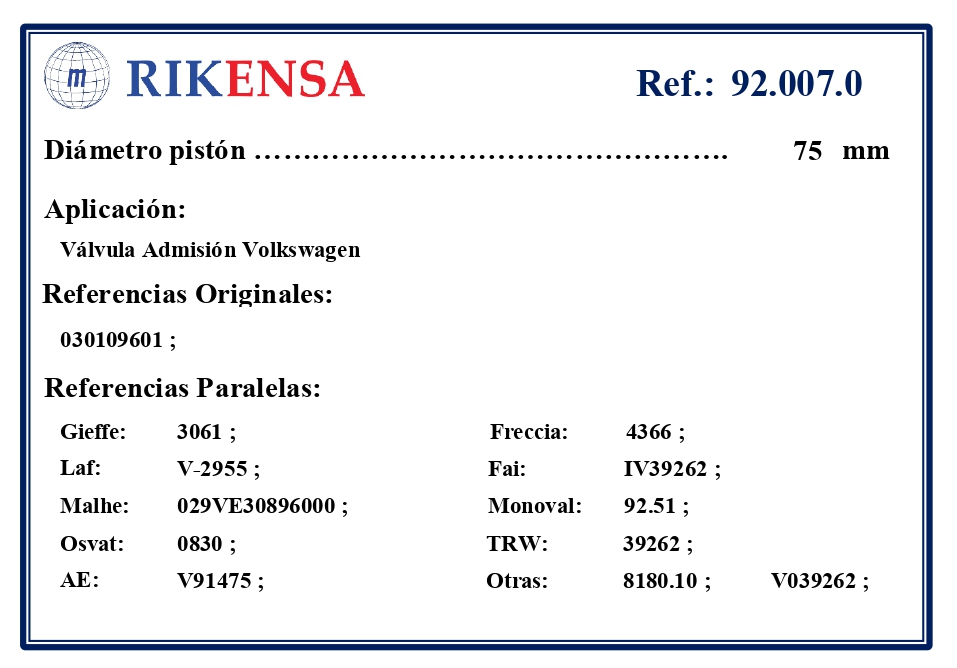 EQUIVALENCIAS ORIGINALES Y PARALELAS VALVULAS