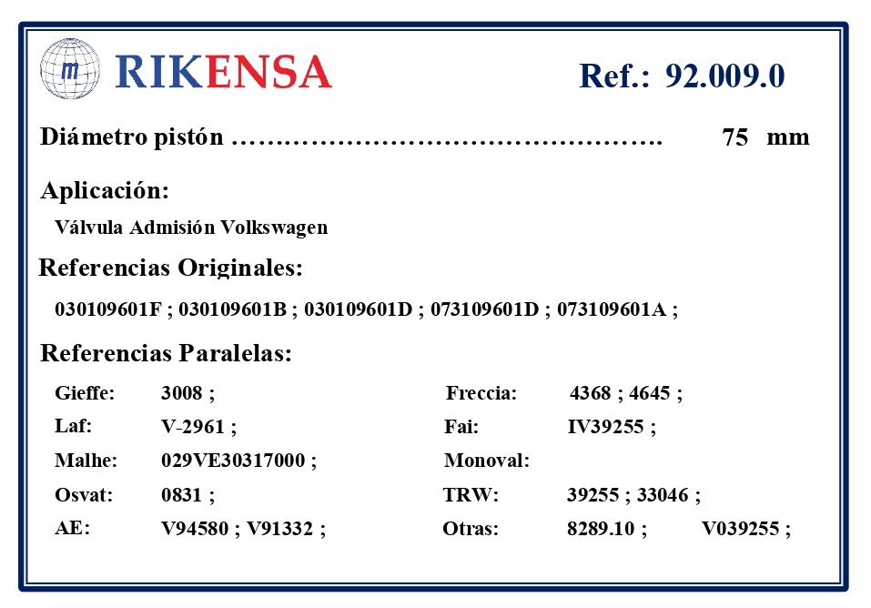 EQUIVALENCIAS ORIGINALES Y PARALELAS VALVULAS