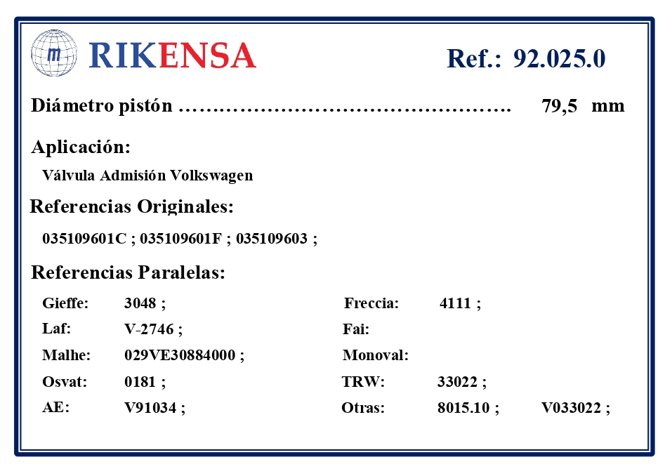 EQUIVALENCIAS ORIGINALES Y PARALELAS VALVULAS