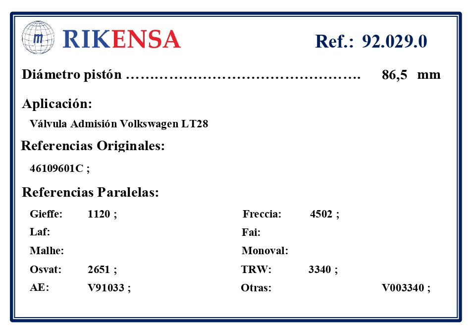 EQUIVALENCIAS ORIGINALES Y PARALELAS VALVULAS