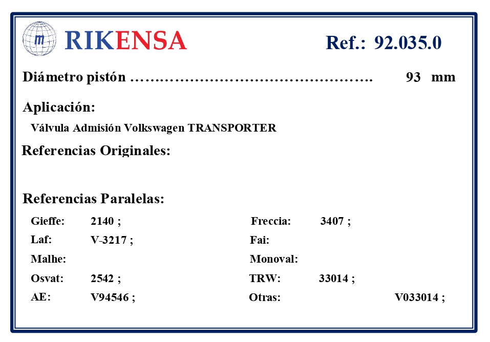 EQUIVALENCIAS ORIGINALES Y PARALELAS VALVULAS
