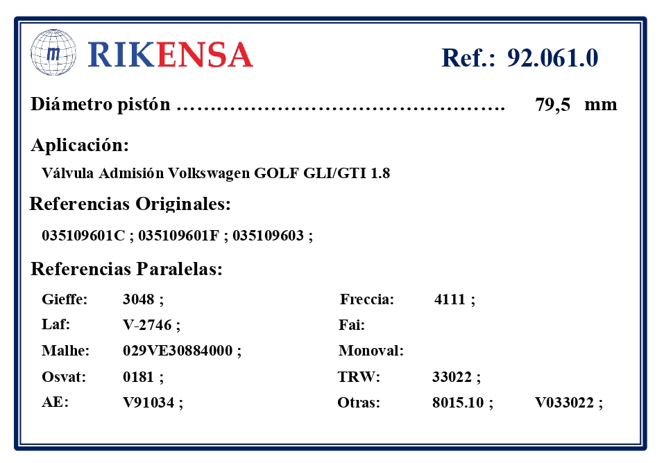 EQUIVALENCIAS ORIGINALES Y PARALELAS VALVULAS