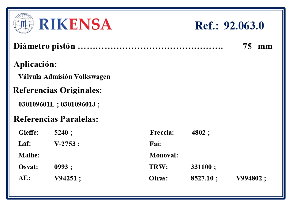 EQUIVALENCIAS ORIGINALES Y PARALELAS VALVULAS