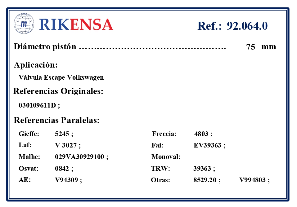 EQUIVALENCIAS ORIGINALES Y PARALELAS VALVULAS
