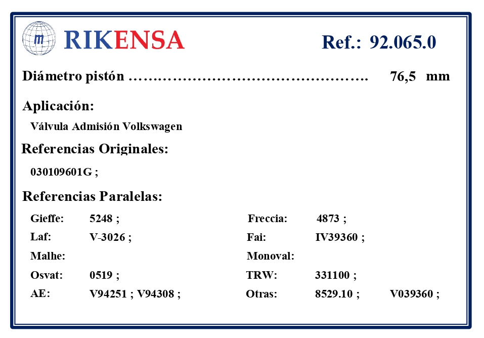 EQUIVALENCIAS ORIGINALES Y PARALELAS VALVULAS