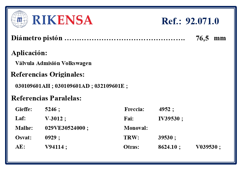 EQUIVALENCIAS ORIGINALES Y PARALELAS VALVULAS