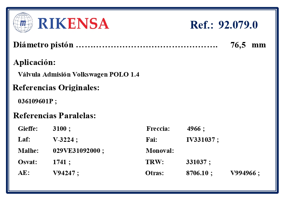 EQUIVALENCIAS ORIGINALES Y PARALELAS VALVULAS