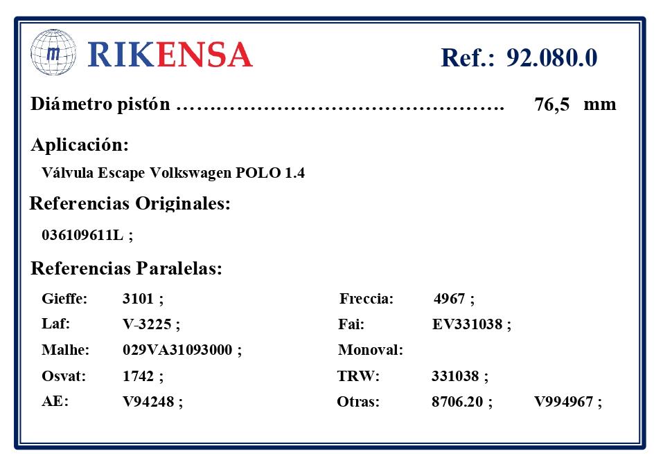 EQUIVALENCIAS ORIGINALES Y PARALELAS VALVULAS