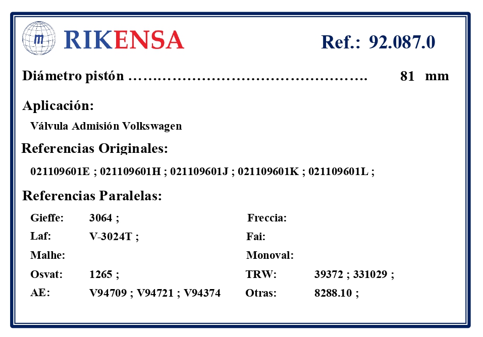 EQUIVALENCIAS ORIGINALES Y PARALELAS VALVULAS