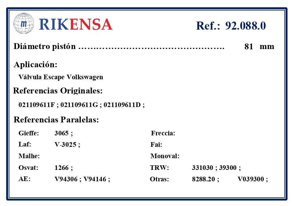 EQUIVALENCIAS ORIGINALES Y PARALELAS VALVULAS