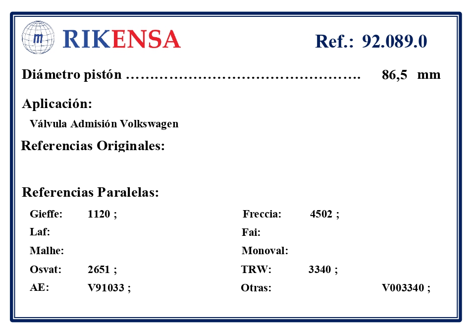 EQUIVALENCIAS ORIGINALES Y PARALELAS VALVULAS