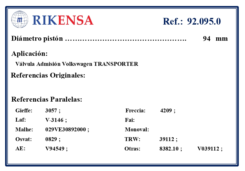 EQUIVALENCIAS ORIGINALES Y PARALELAS VALVULAS