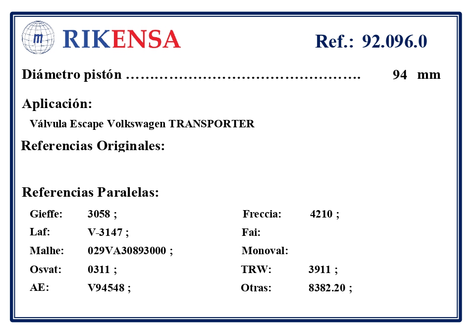 EQUIVALENCIAS ORIGINALES Y PARALELAS VALVULAS