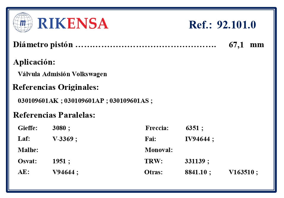 EQUIVALENCIAS ORIGINALES Y PARALELAS VALVULAS