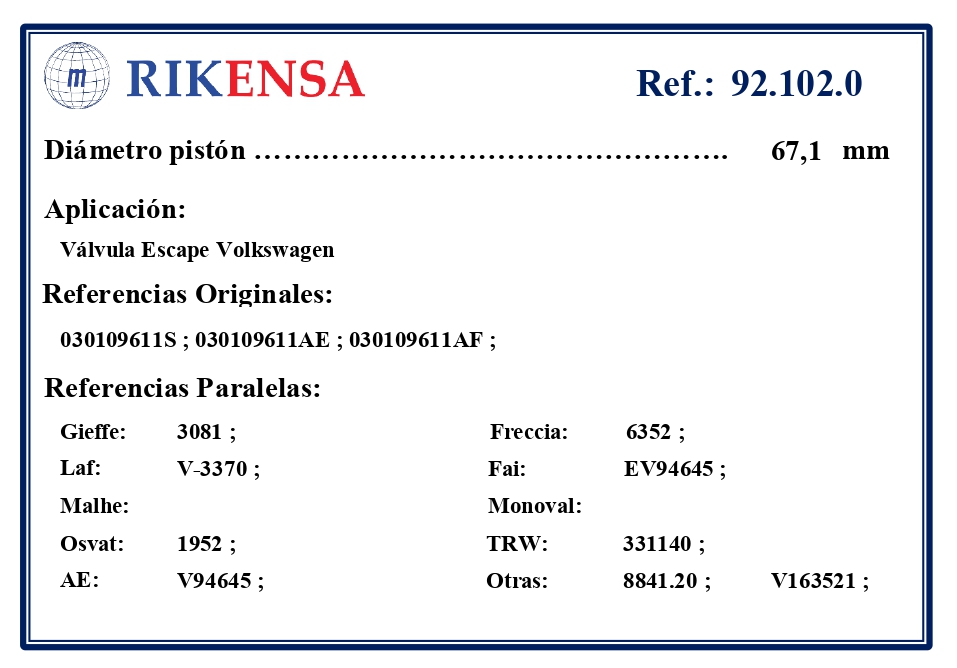 EQUIVALENCIAS ORIGINALES Y PARALELAS VALVULAS