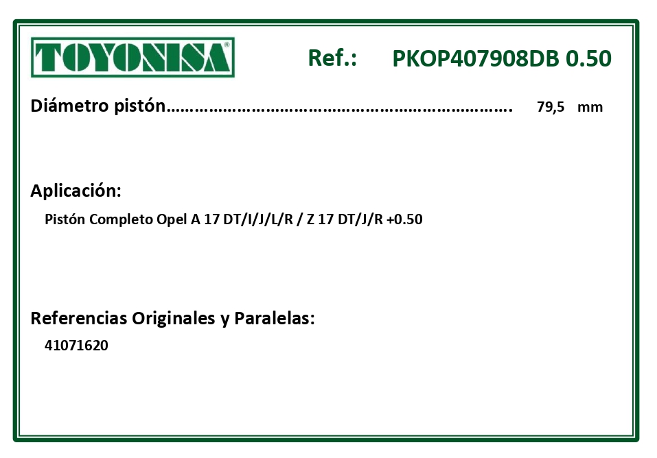 EQUIVALENCIAS ORIGINALES Y PARALELAS PISTONES