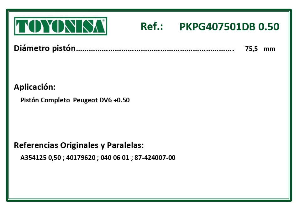 EQUIVALENCIAS ORIGINALES Y PARALELAS PISTONES