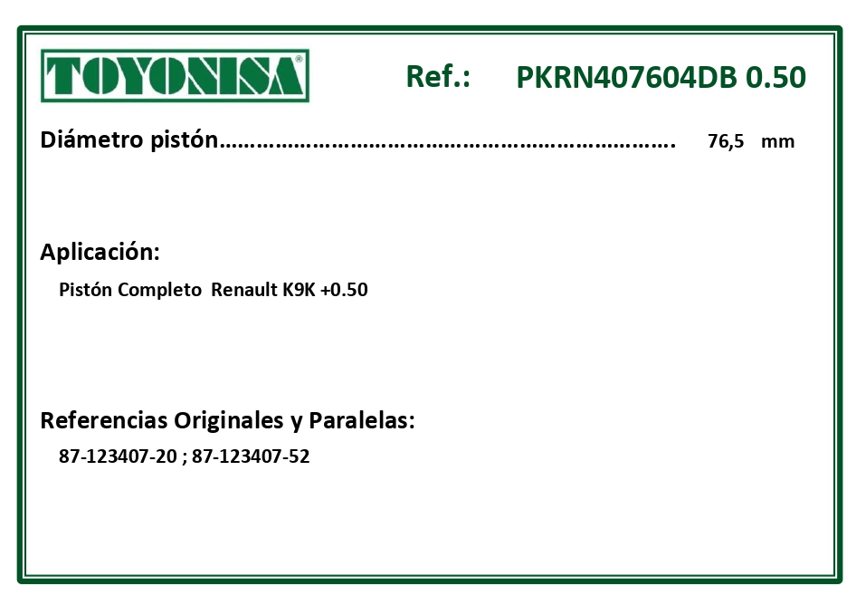 EQUIVALENCIAS ORIGINALES Y PARALELAS PISTONES