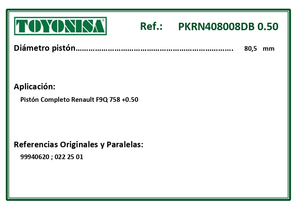 EQUIVALENCIAS ORIGINALES Y PARALELAS PISTONES