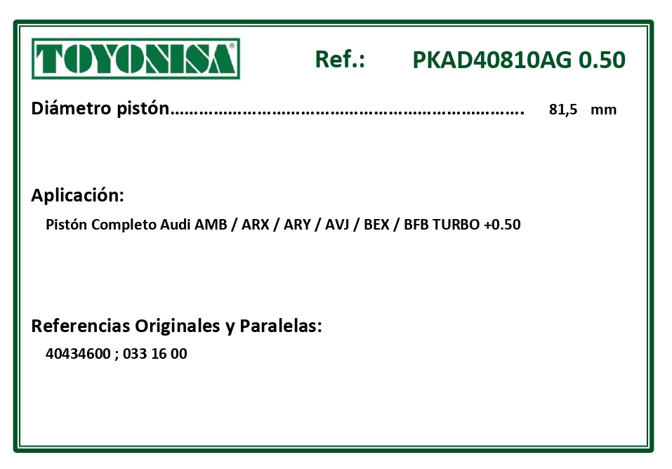 EQUIVALENCIAS ORIGINALES Y PARALELAS PISTONES