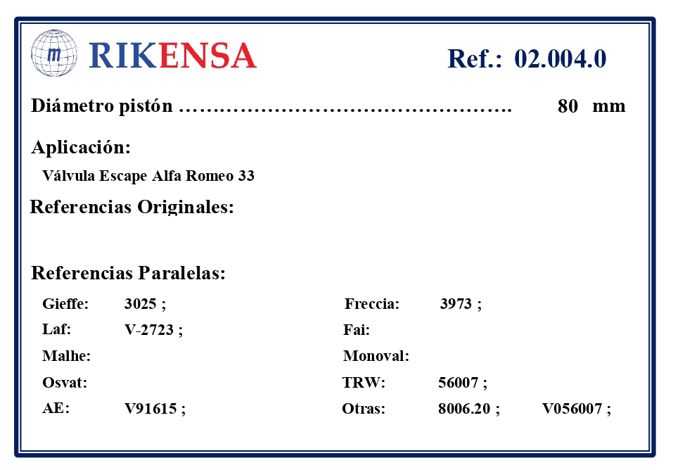 EQUIVALENCIAS ORIGINALES Y PARALELAS VALVULAS