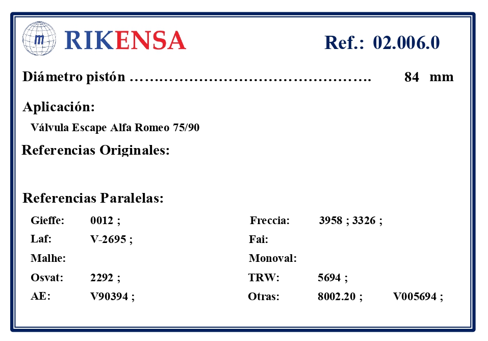 EQUIVALENCIAS ORIGINALES Y PARALELAS VALVULAS