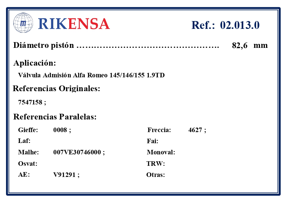 EQUIVALENCIAS ORIGINALES Y PARALELAS VALVULAS