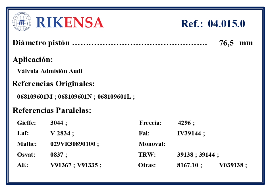 EQUIVALENCIAS ORIGINALES Y PARALELAS VALVULAS