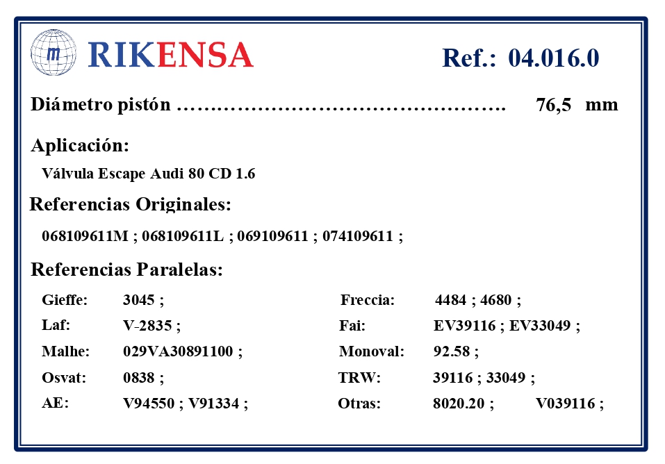 EQUIVALENCIAS ORIGINALES Y PARALELAS VALVULAS