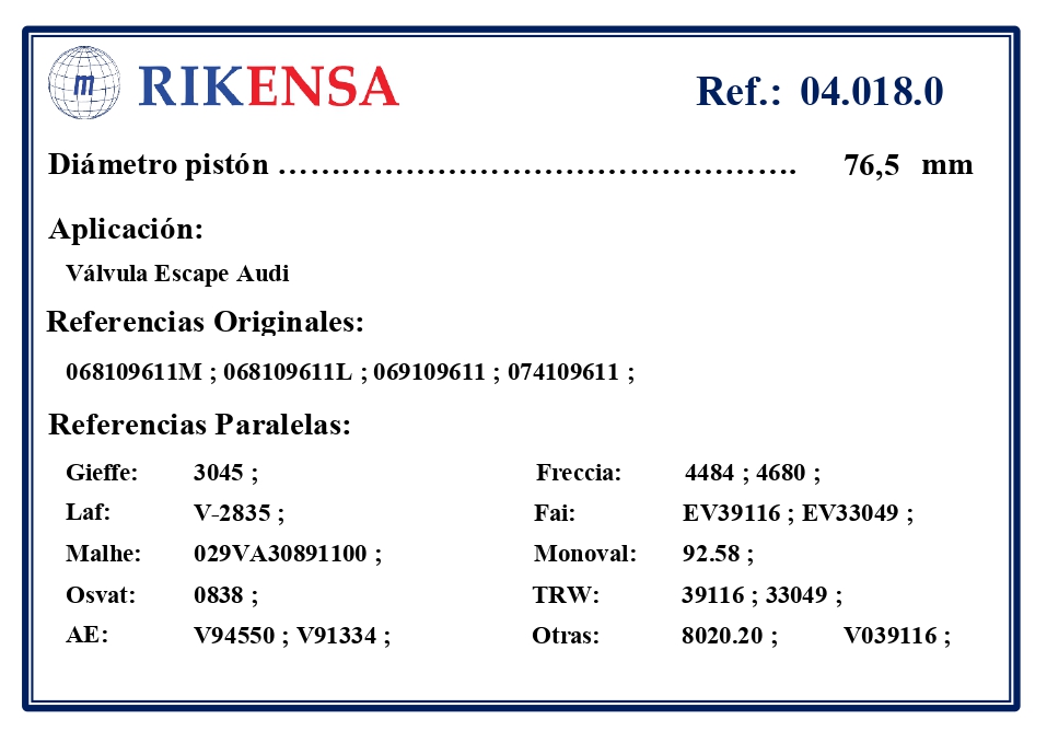 EQUIVALENCIAS ORIGINALES Y PARALELAS VALVULAS