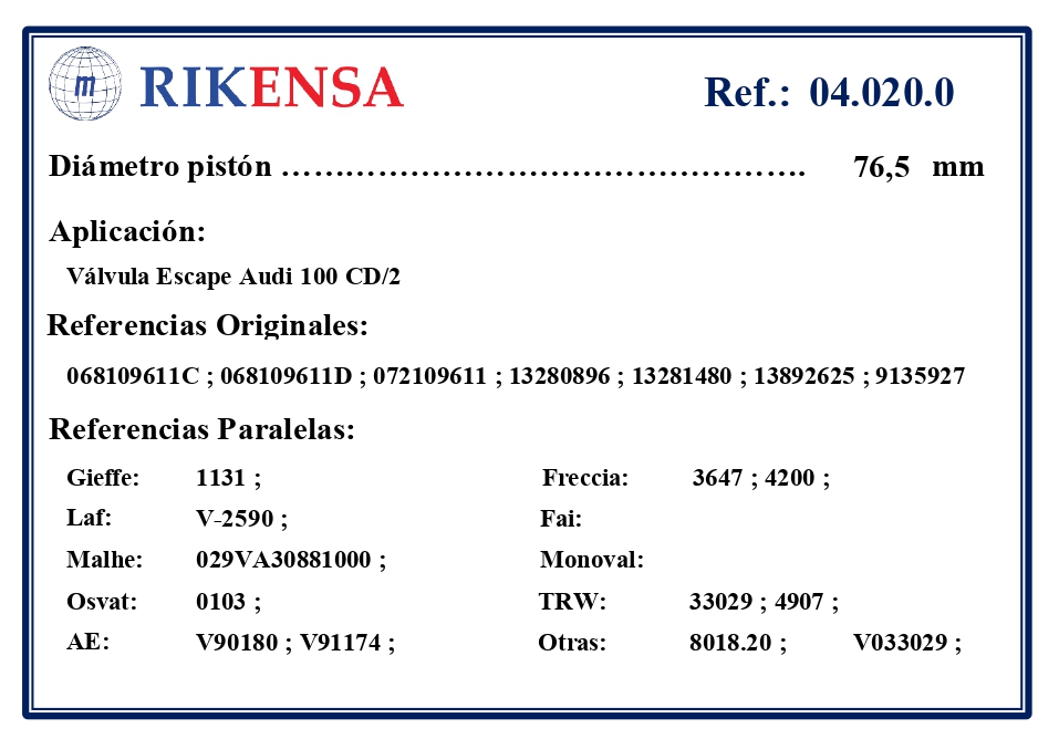 EQUIVALENCIAS ORIGINALES Y PARALELAS VALVULAS