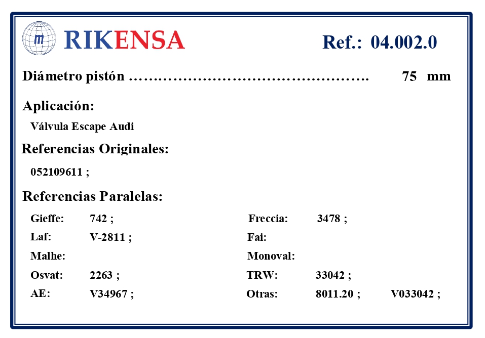EQUIVALENCIAS ORIGINALES Y PARALELAS VALVULAS