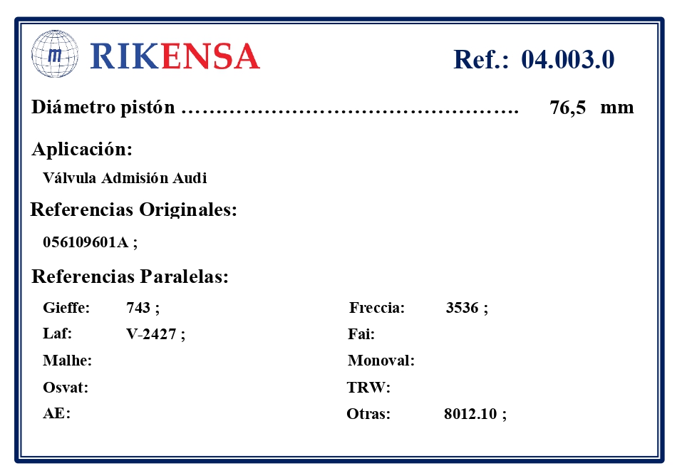 EQUIVALENCIAS ORIGINALES Y PARALELAS VALVULAS