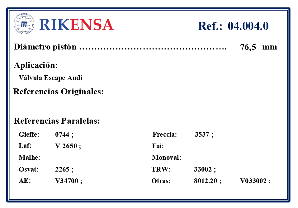 EQUIVALENCIAS ORIGINALES Y PARALELAS VALVULAS