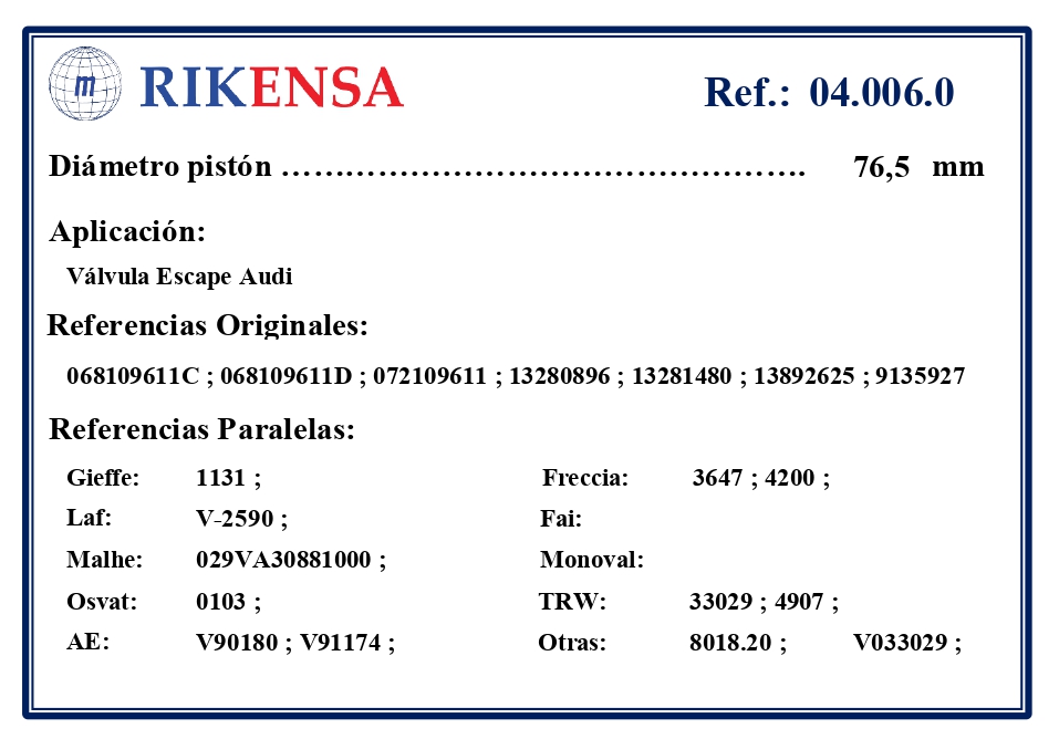 EQUIVALENCIAS ORIGINALES Y PARALELAS VALVULAS