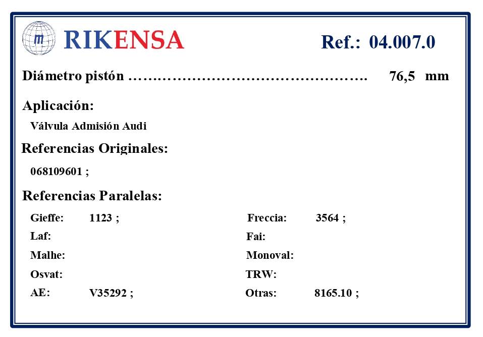 EQUIVALENCIAS ORIGINALES Y PARALELAS VALVULAS