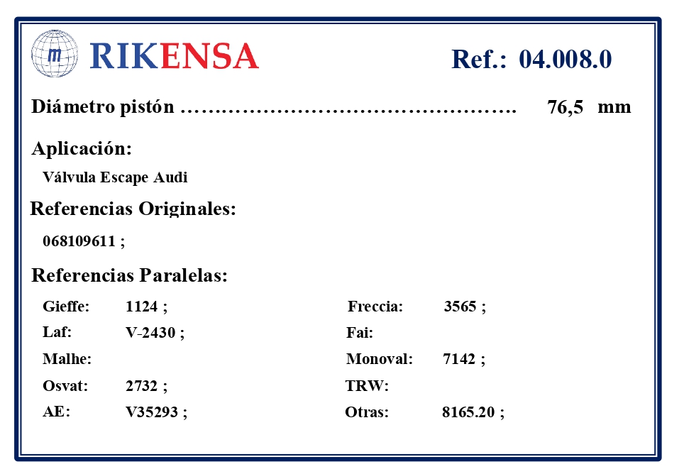 EQUIVALENCIAS ORIGINALES Y PARALELAS VALVULAS