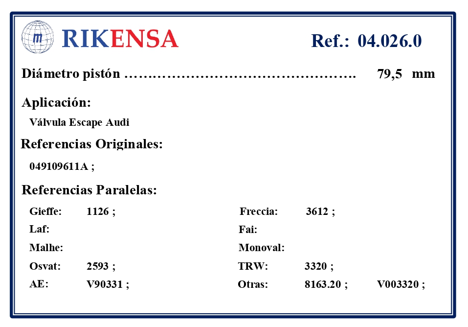 EQUIVALENCIAS ORIGINALES Y PARALELAS VALVULAS